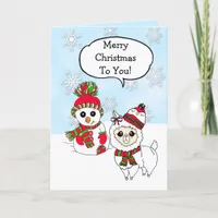 Merry Christmas Llama and Snowman Hand Drawn Card