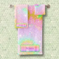 Rainbow Tie Dye Glitter Custom Name Bath Towel Set