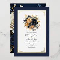 Navy Blue and Gold Floral Wedding Foil Invitation