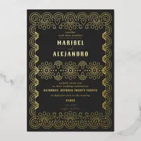 Mexico Scalloped Papel Picado Floral Black Wedding Foil Invitation