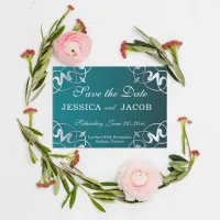 Silver & Teal Filigree Cutout Luxury Frame Wedding Save The Date