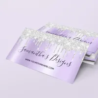 Sparkly Silver Glitter Drips Pale Lavender Ombre Business Card