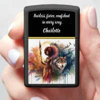 Warrior woman with wolf at dawn zippo lighter