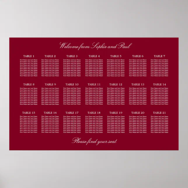 Burgundy 21 Table Wedding Seating Chart Poster