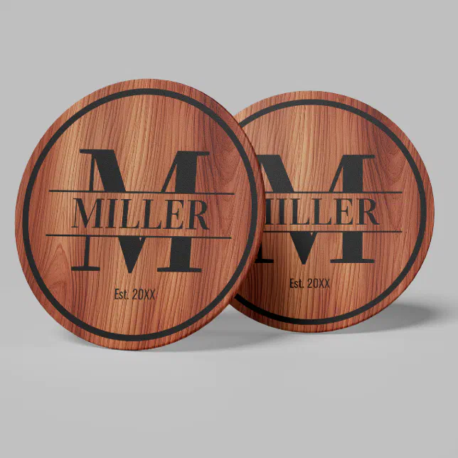 Monogram Initial Family Name Wood Grain Round Paper Coaster