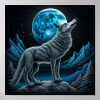 Wolf Standing in Front of the Full Moon | AI art Poster