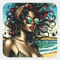 Retro Woman on Beach Comic Style Pop Art Square Sticker