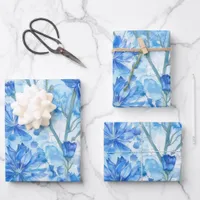 Abstract Watercolor Blue and White Flowers Wrapping Paper Sheets