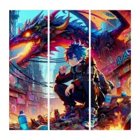 Anime Boy and Dragon in a Dystopian World Triptych