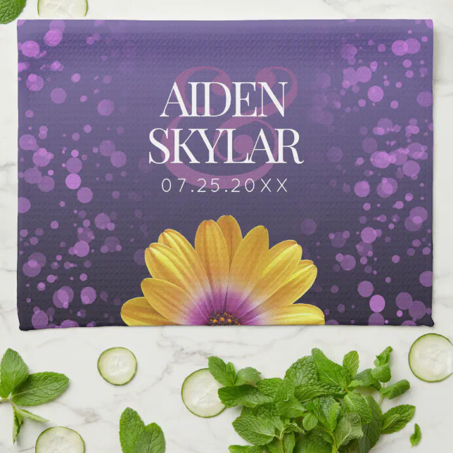Elegant Golden Daisies with Purple Glitter Wedding Kitchen Towel