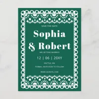 Mexican Fiesta Emerald Papel Picado Save the Date Announcement Postcard