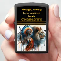 Warrior and lion stand proud at dawn zippo lighter