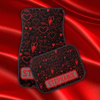 Name Monogram with red hearts on white | Car Floor Mat