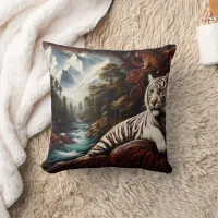 Tiger Relaxing by Mountain River Throw Pillow