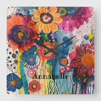 Vibrant Doodle Flowers Wall Clock