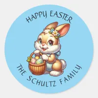 Personalized Vintage Easter Bunny and Basket Classic Round Sticker