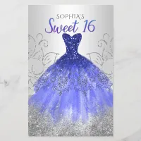 Budget Silver Royal Blue Dress Sweet 16 Invitation