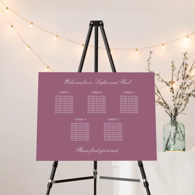 Mauve 5 Table Seating Chart Foam Board