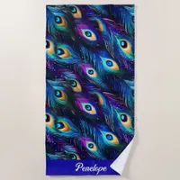 Blue and Purple Peacock Feathers Beach Towel