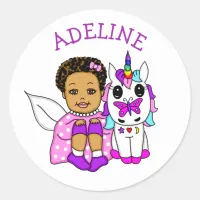 Cute Fairy and her Unicorn Personalized Name    Classic Round Sticker