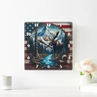 Moose in Mountain Landscape With American Flag Square Wall Clock