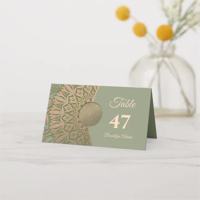 Elegant Modern Sage green & gold classic mandala Place Card