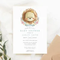 Blue Floral Lion Watercolor Boy Baby Shower Invitation