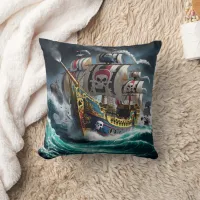 Majestic Pirate Ship Sailing Through Stormy Seas Throw Pillow