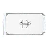 Modern Minimalist Elegant Name Monogram Script Silver Finish Money Clip