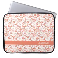 Girly Coral Peach Tropical Flowers Monogram Laptop Sleeve