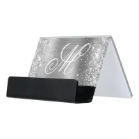 Glittery Silver Foil Fancy Monogram Desk Business Card Holder