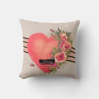 Pink Roses and Heart  Throw Pillow