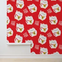 Maneki Neko Cute Lucky Cat Symbol on Red Wallpaper