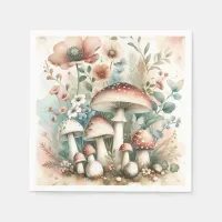 Watercolor Vintage Mushrooms and Flowers Wedding Napkins