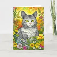 Cute Whimsical Folk Art Style Cat and Flowers Card