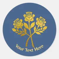 Personalized Blue Faux Gold Floral Garden Roses Classic Round Sticker