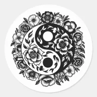 Black and White Floral Yin Yang   Classic Round Sticker