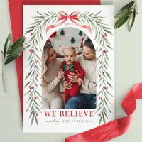 Red Bow Greenery Arch We Believe Christmas Photo  Holiday Card