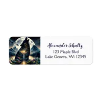 Mystical Wolf Howling at Moon Surreal Personalized Label