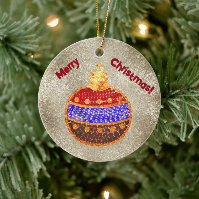 Merry Christmas - shining bauble with sequins Ceramic Ornament