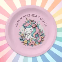 Personalized Pink Unicorn Girl's Birthday Paper Plates