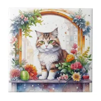 Cute Whimsical Cat in Window of Flowers   Ceramic Tile