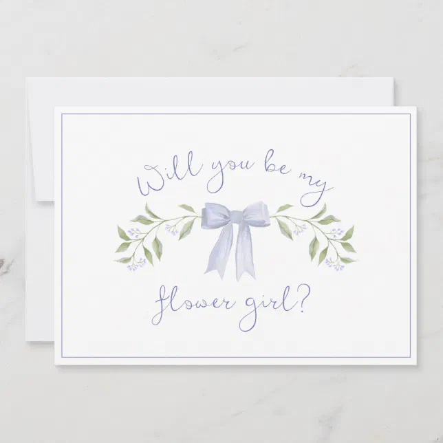 Chic Flower Girl Proposal with Bow Cute Dusty Blue Card