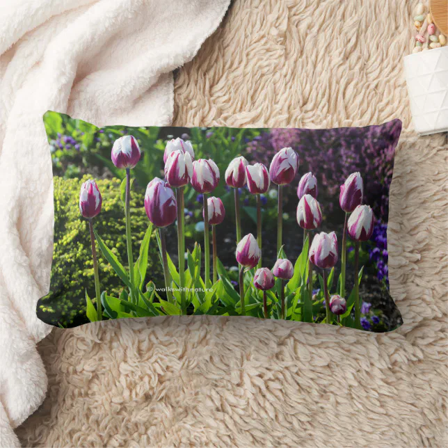 Elegant Floral White Purple Tulips Lumbar Pillow