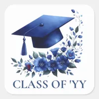 Blue Grad Cap and Flowers Graduate Envelope Square Sticker