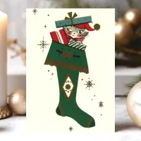 Vintage Christmas Cat In Stocking Holiday Card