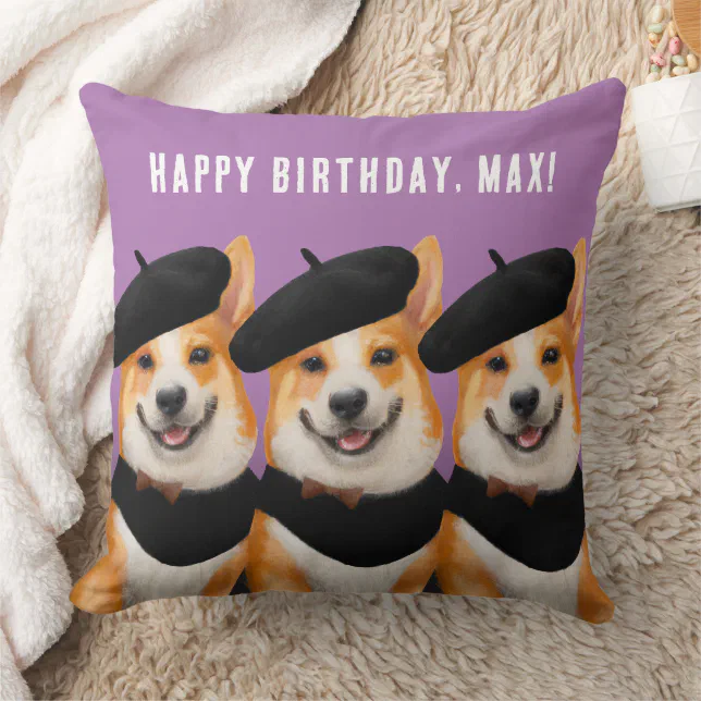 Cute Chic Corgi Dogs Wish You Happy Birthday Throw Pillow