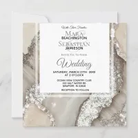 *~*SILVER GRAY AGATE Marble RSVP AR66 QR Wedding Invitation