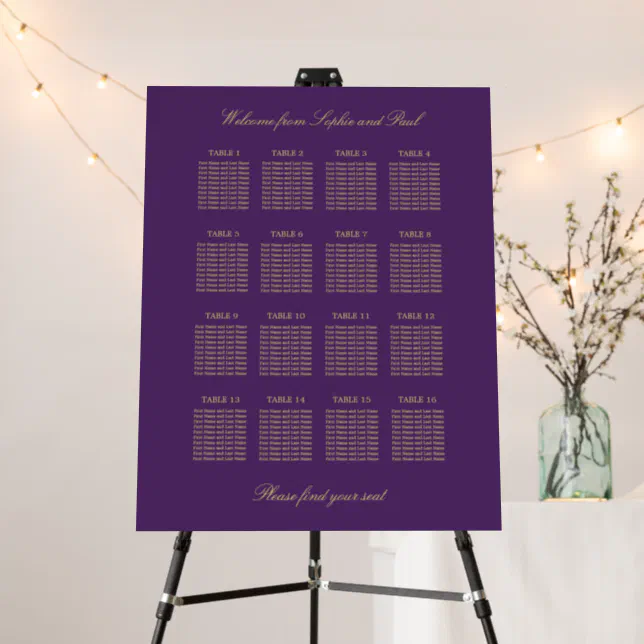 Purple Golden Beige 16 Table Seating Chart Foam Board