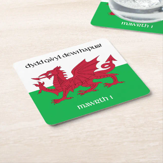 Happy St. David's Day Red Dragon Welsh Flag Square Paper Coaster